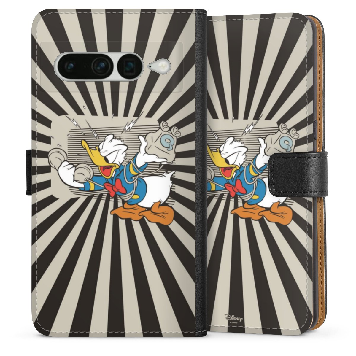 Google Pixel 7 Pro Handy Klapphülle Handyhülle aus Kunst Leder schwarz Flip Case Donald Duck Disney Official Licensed Product Sideflip mit Lasche