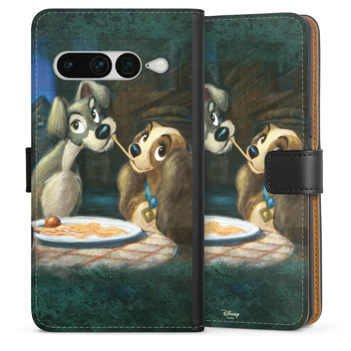 Google Pixel 7 Pro Handy Klapphülle Handyhülle aus Kunst Leder schwarz Flip Case Lady And The Tramp Official Licensed Product Disney Sideflip mit Lasche