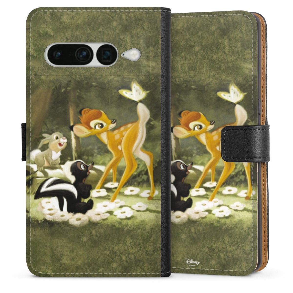 Google Pixel 7 Pro Handy Klapphülle Handyhülle aus Kunst Leder schwarz Flip Case Disney Official Licensed Product Bambi Sideflip mit Lasche