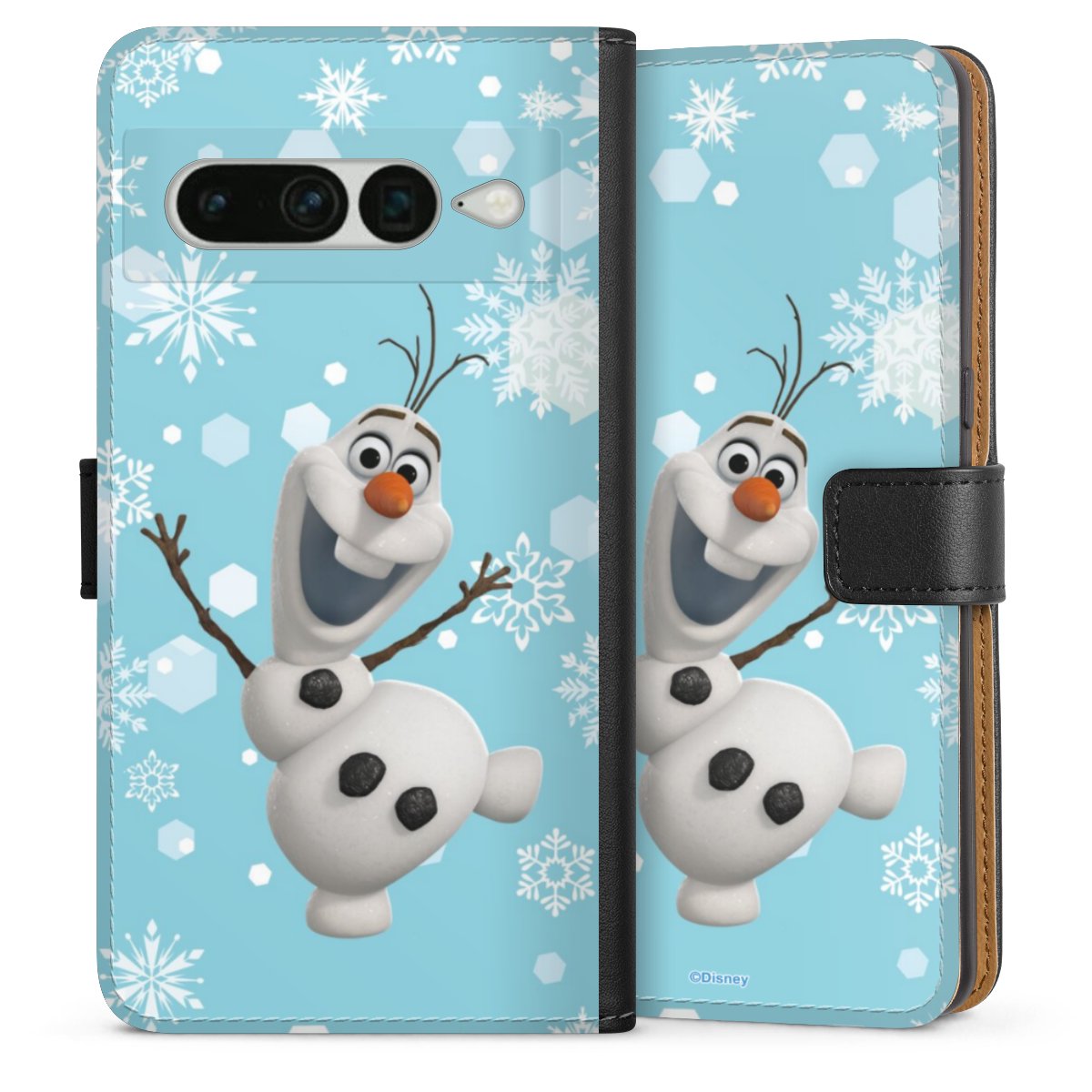 Google Pixel 7 Pro Handy Klapphülle Handyhülle aus Kunst Leder schwarz Flip Case Disney Official Licensed Product Frozen Olaf Sideflip mit Lasche