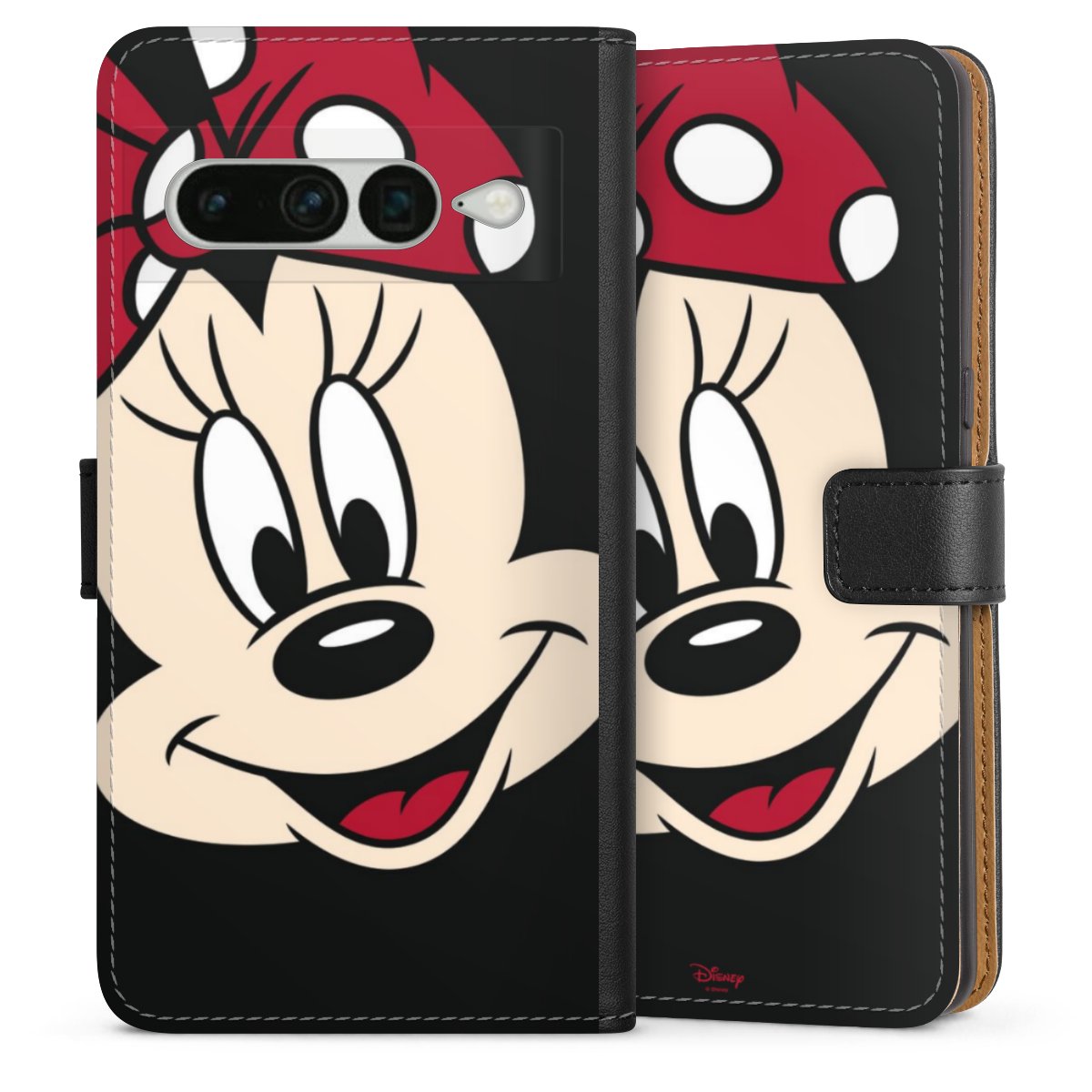 Google Pixel 7 Pro Handy Klapphülle Handyhülle aus Kunst Leder schwarz Flip Case Minnie Mouse Official Licensed Product Disney Sideflip mit Lasche