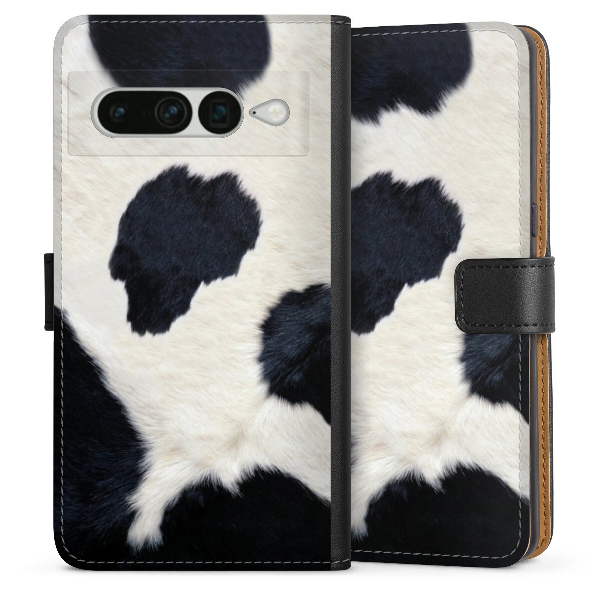 Google Pixel 7 Pro Handy Klapphülle Handyhülle aus Kunst Leder schwarz Flip Case Animal Look Animal Print Cow Skin Sideflip mit Lasche