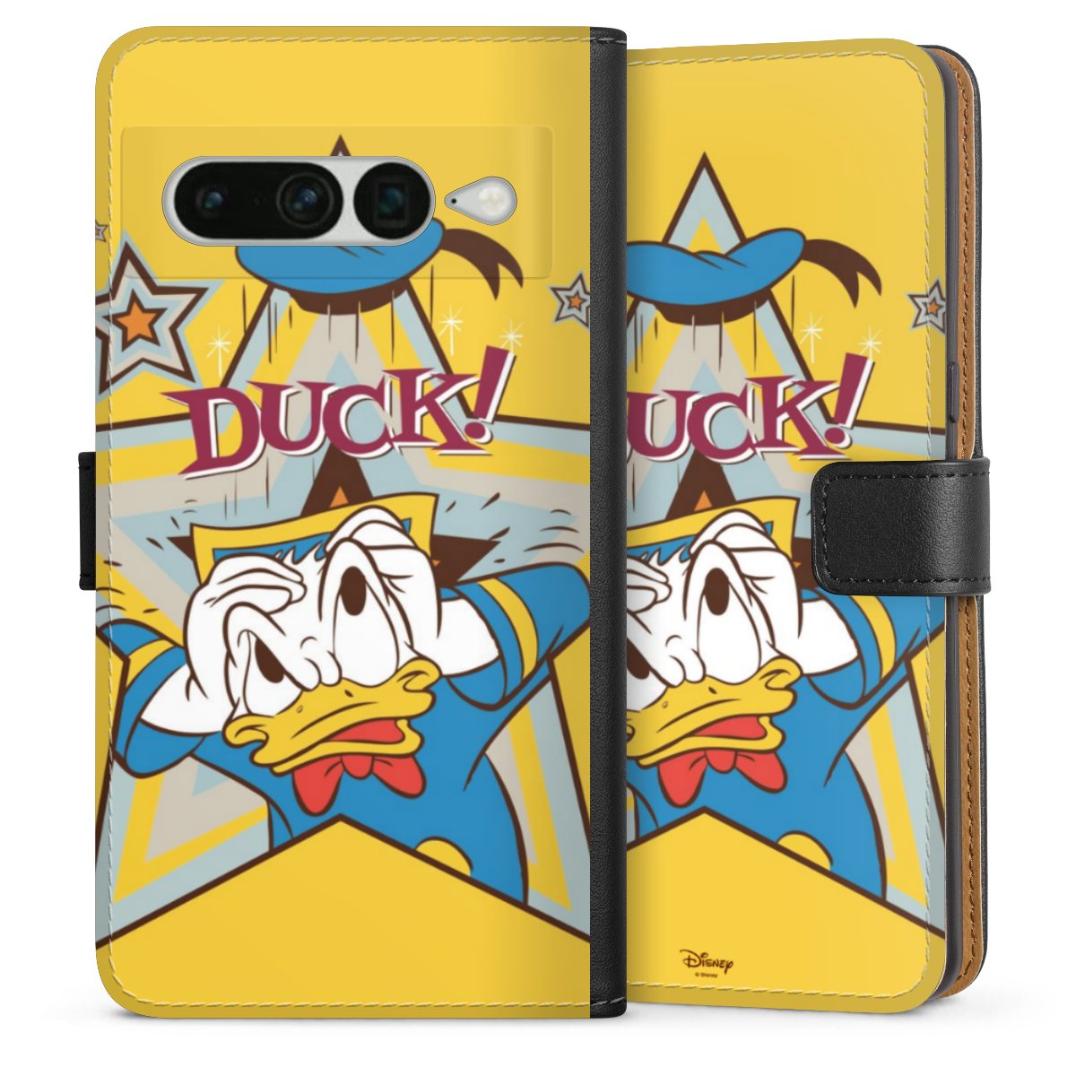 Google Pixel 7 Pro Handy Klapphülle Handyhülle aus Kunst Leder schwarz Flip Case Official Licensed Product Donald Duck Disney Sideflip mit Lasche