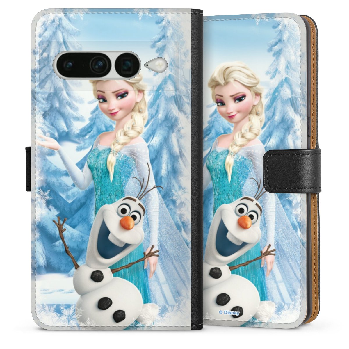 Google Pixel 7 Pro Handy Klapphülle Handyhülle aus Kunst Leder schwarz Flip Case Official Licensed Product Frozen Elsa Disney Sideflip mit Lasche