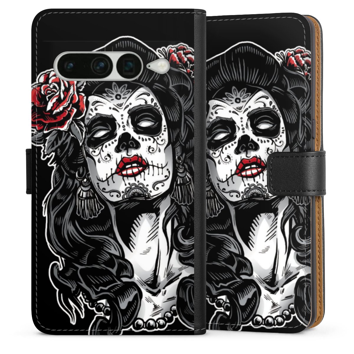 Google Pixel 7 Pro Handy Klapphülle Handyhülle aus Kunst Leder schwarz Flip Case Totenkopf Día De Los Muertos Rock 'N' Roll Sideflip mit Lasche