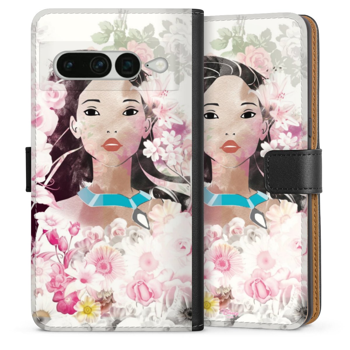 Google Pixel 7 Pro Handy Klapphülle Handyhülle aus Kunst Leder schwarz Flip Case Pocahontas Official Licensed Product Disney Sideflip mit Lasche