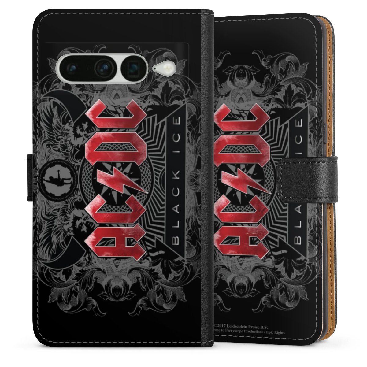 Google Pixel 7 Pro Handy Klapphülle Handyhülle aus Kunst Leder schwarz Flip Case Merchandise Black Ice Acdc Sideflip mit Lasche