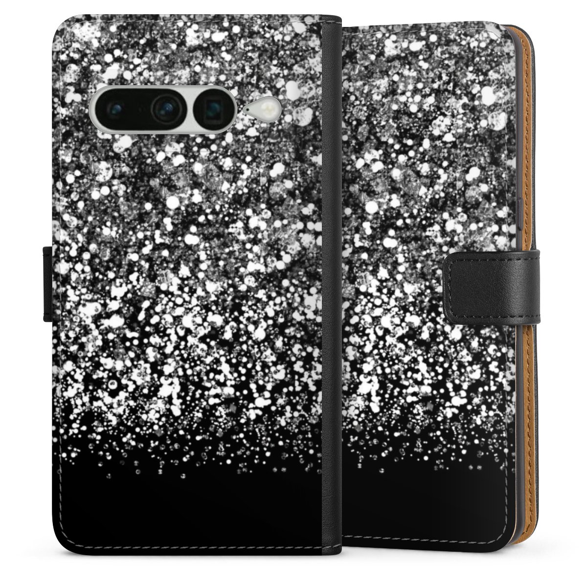 Google Pixel 7 Pro Handy Klapphülle Handyhülle aus Kunst Leder schwarz Flip Case Glitzer Snowflake Muster Sideflip mit Lasche