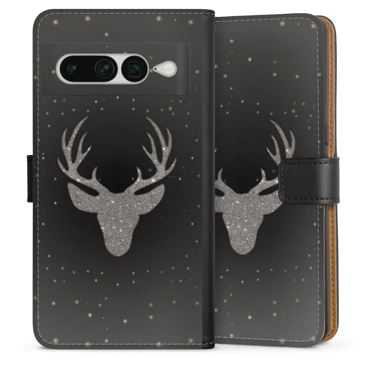 Google Pixel 7 Pro Handy Klapphülle Handyhülle aus Kunst Leder schwarz Flip Case Winter Deer Glitzer Sideflip mit Lasche