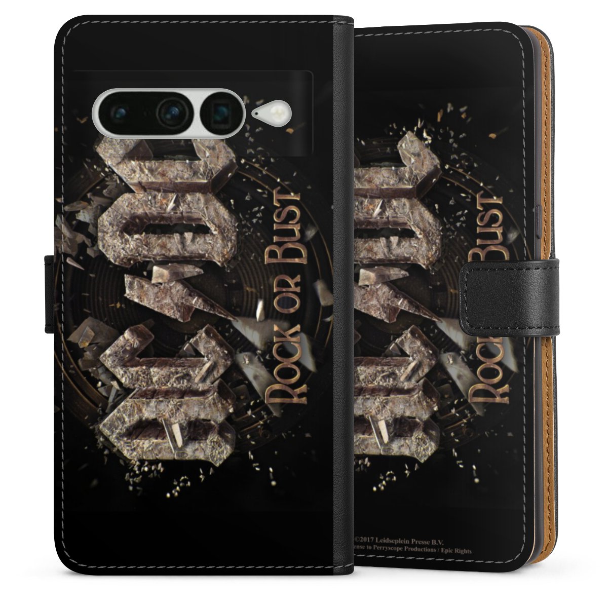 Google Pixel 7 Pro Handy Klapphülle Handyhülle aus Kunst Leder schwarz Flip Case Acdc Official Licensed Product Rock Or Bust Sideflip mit Lasche