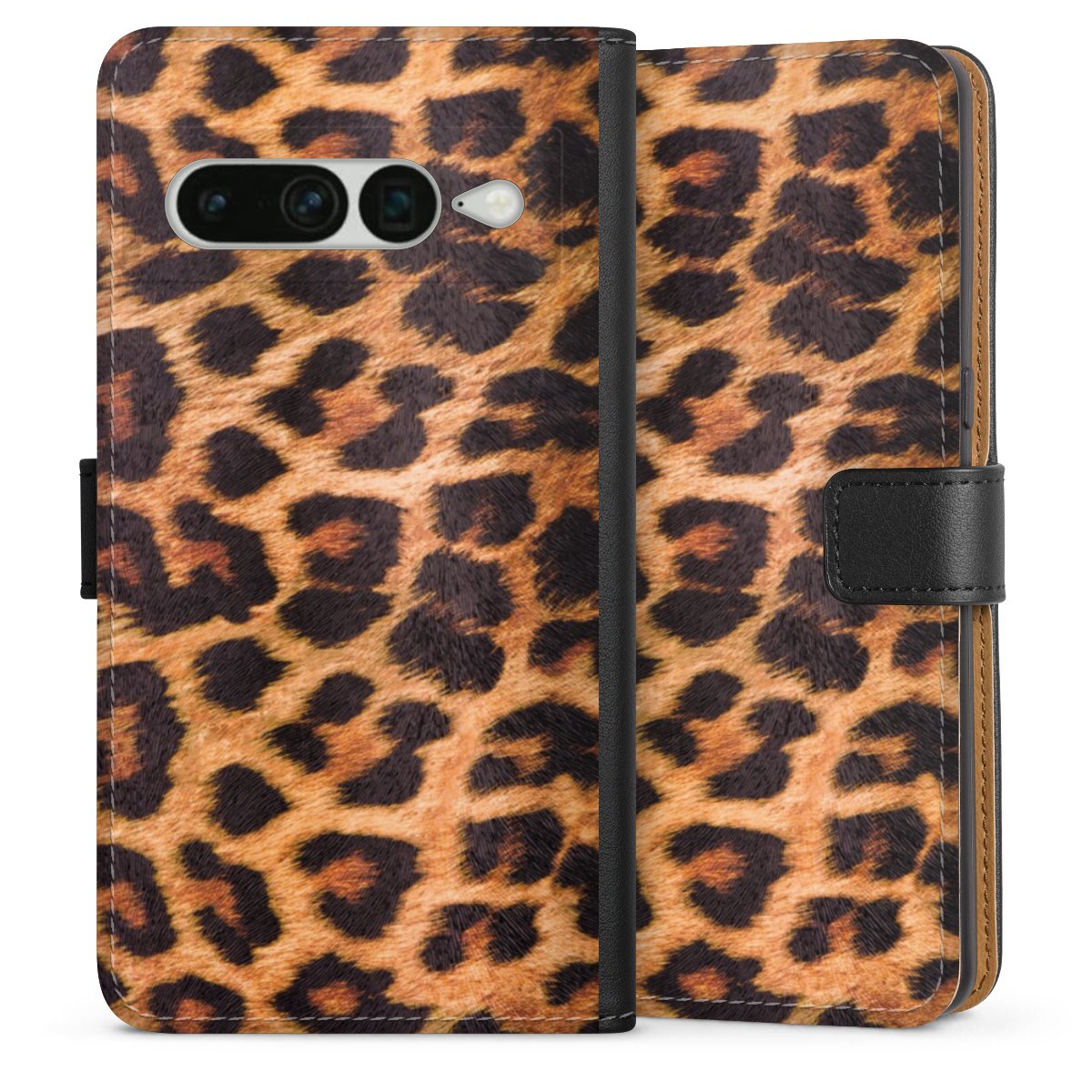 Google Pixel 7 Pro Handy Klapphülle Handyhülle aus Kunst Leder schwarz Flip Case Animal Print Leopard Fur Sideflip mit Lasche