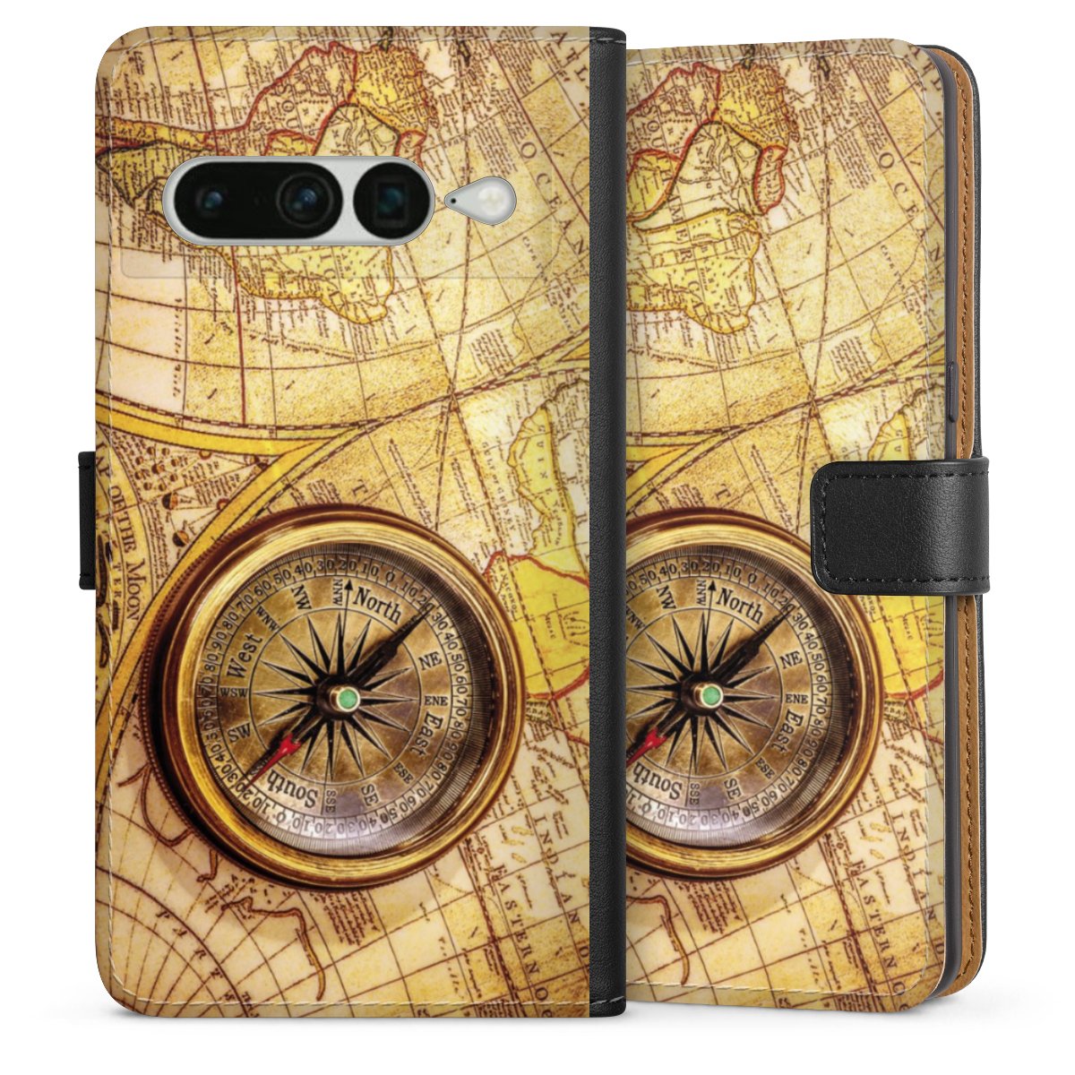 Google Pixel 7 Pro Handy Klapphülle Handyhülle aus Kunst Leder schwarz Flip Case World Map Map Compass Sideflip mit Lasche