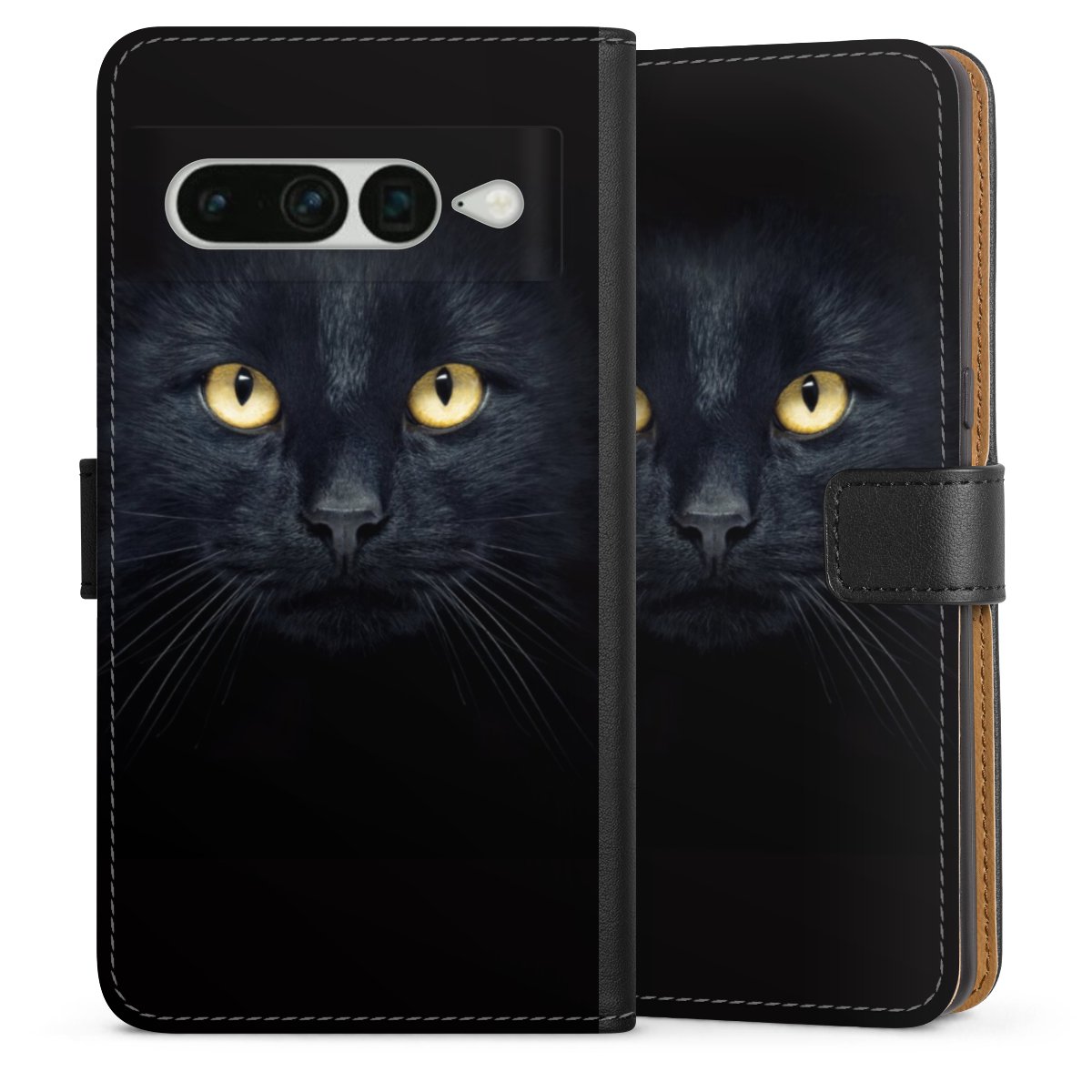 Google Pixel 7 Pro Handy Klapphülle Handyhülle aus Kunst Leder schwarz Flip Case Eye Cat Black Sideflip mit Lasche