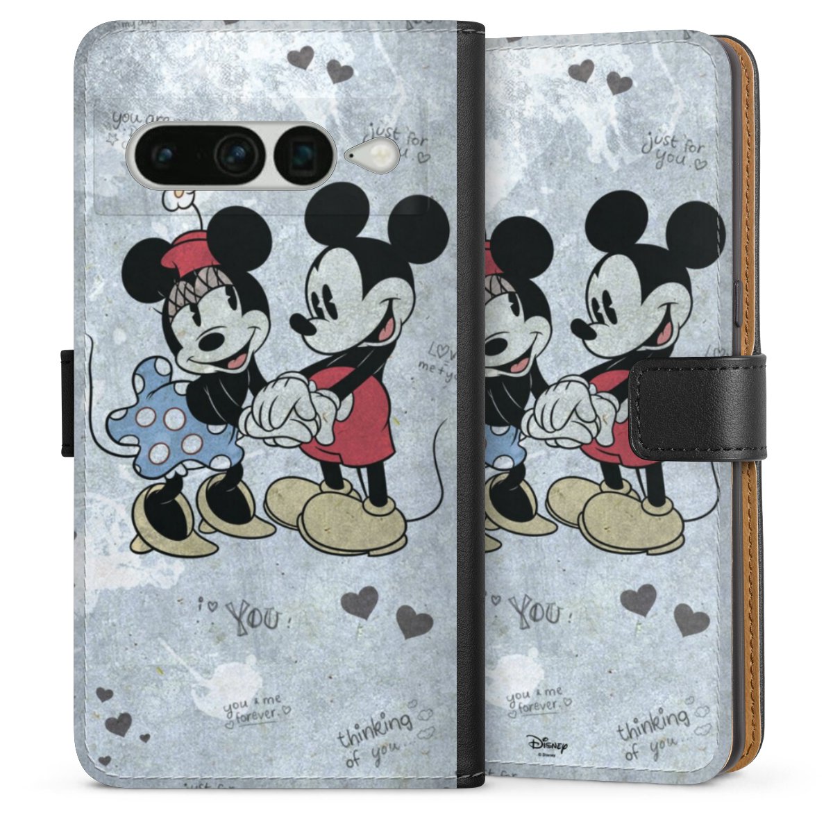 Google Pixel 7 Pro Handy Klapphülle Handyhülle aus Kunst Leder schwarz Flip Case Mickey & Minnie Mouse Vintage Disney Sideflip mit Lasche