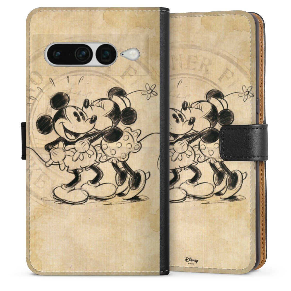 Google Pixel 7 Pro Handy Klapphülle Handyhülle aus Kunst Leder schwarz Flip Case Mickey Mouse Vintage Minnie Mouse Sideflip mit Lasche