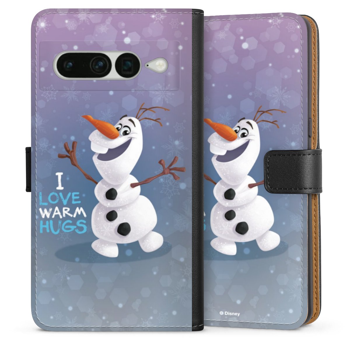 Google Pixel 7 Pro Handy Klapphülle Handyhülle aus Kunst Leder schwarz Flip Case Frozen Frozen Olaf Official Licensed Product Sideflip mit Lasche