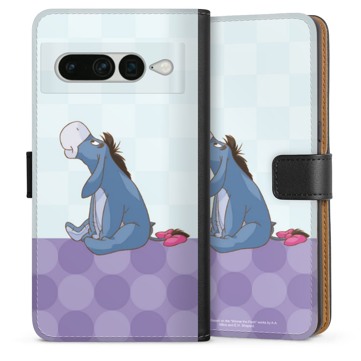 Google Pixel 7 Pro Handy Klapphülle Handyhülle aus Kunst Leder schwarz Flip Case Disney Donkey Winnie The Pooh Sideflip mit Lasche