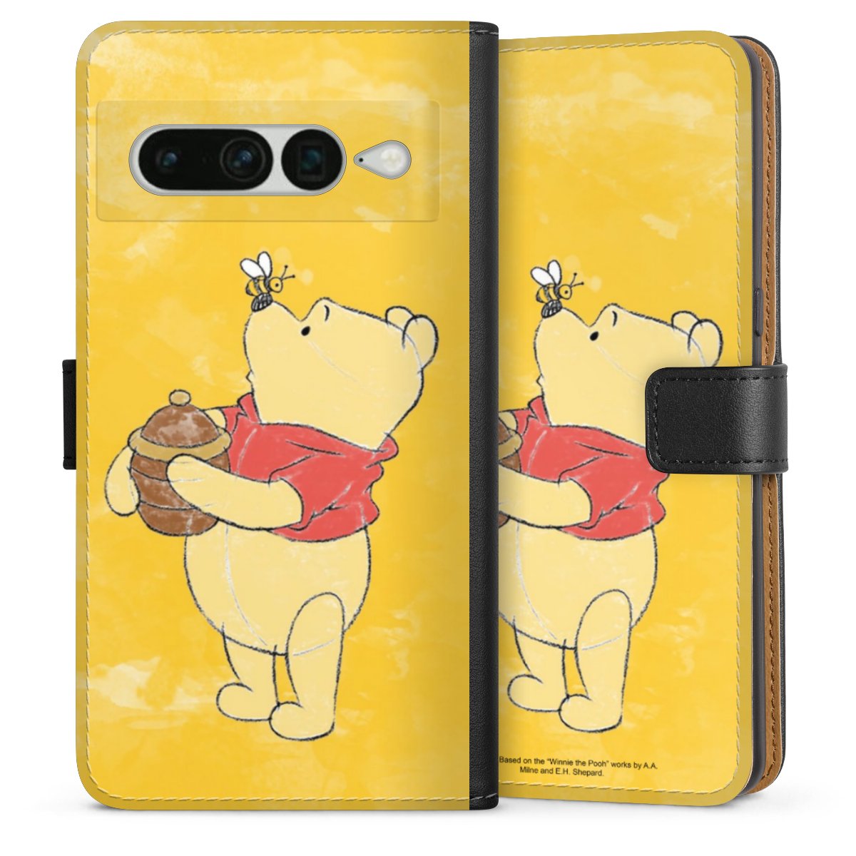 Google Pixel 7 Pro Handy Klapphülle Handyhülle aus Kunst Leder schwarz Flip Case Official Licensed Product Winnie The Pooh Disney Sideflip mit Lasche