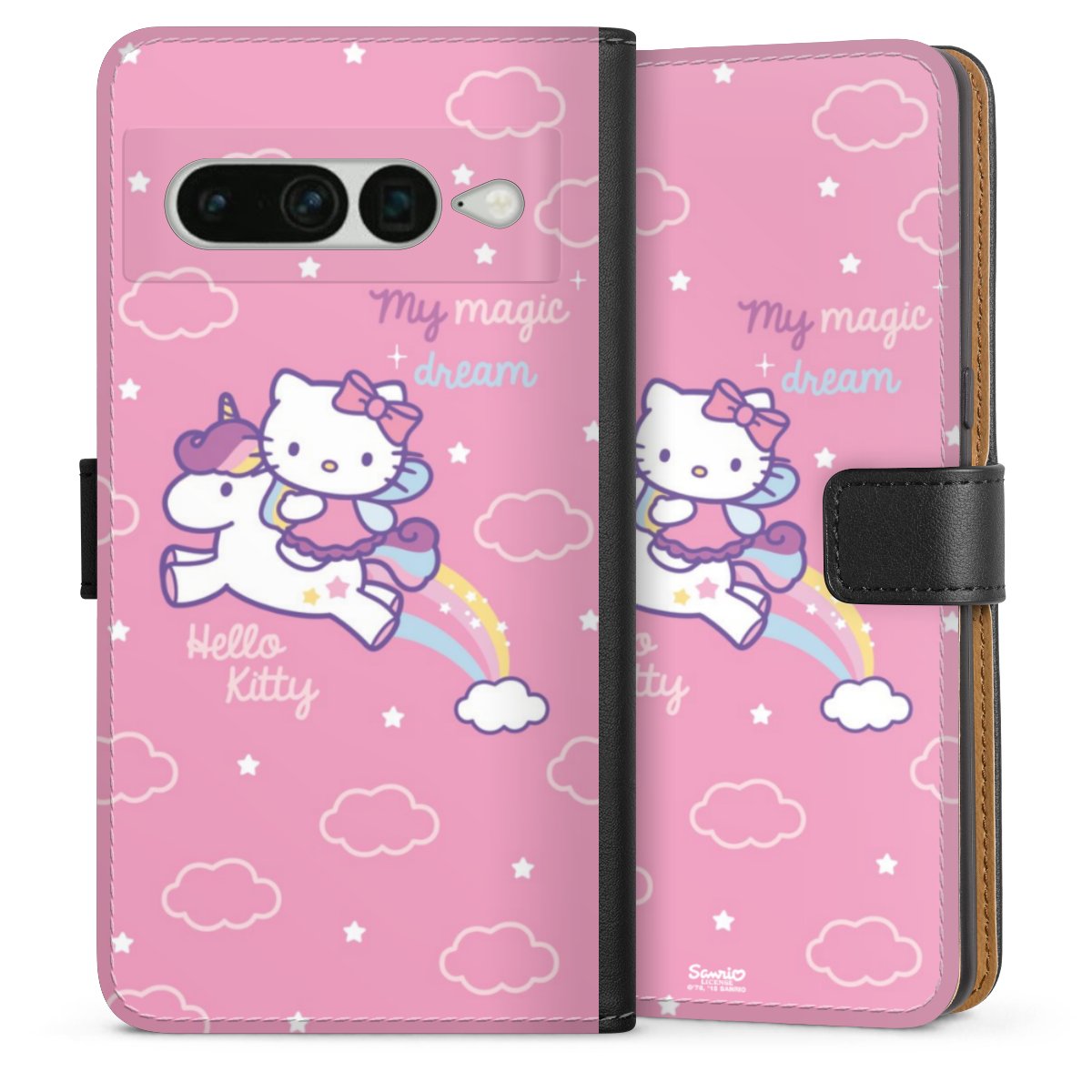 Google Pixel 7 Pro Handy Klapphülle Handyhülle aus Kunst Leder schwarz Flip Case Einhorn Official Licensed Product Hello Kitty Sideflip mit Lasche