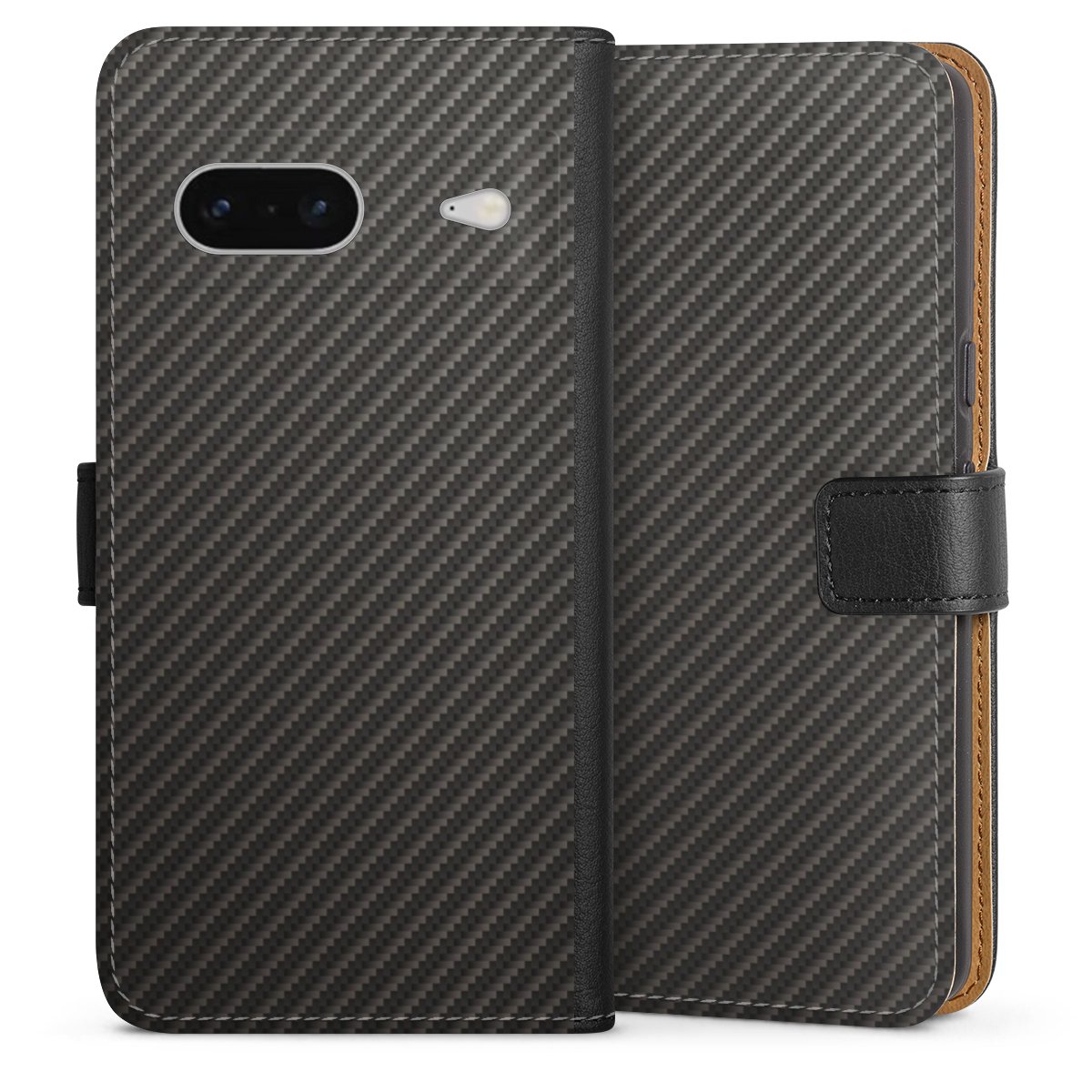 Google Pixel 7 Handy Klapphülle Handyhülle aus Kunst Leder schwarz Flip Case Metallic Look Carbon Muster Sideflip mit Lasche