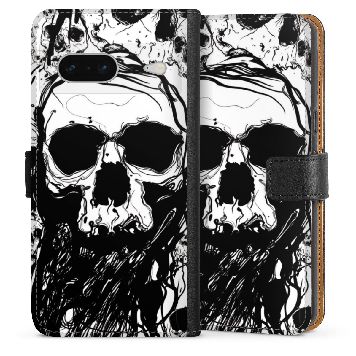 Google Pixel 7 Handy Klapphülle Handyhülle aus Kunst Leder schwarz Flip Case Totenkopf Halloween Sideflip mit Lasche