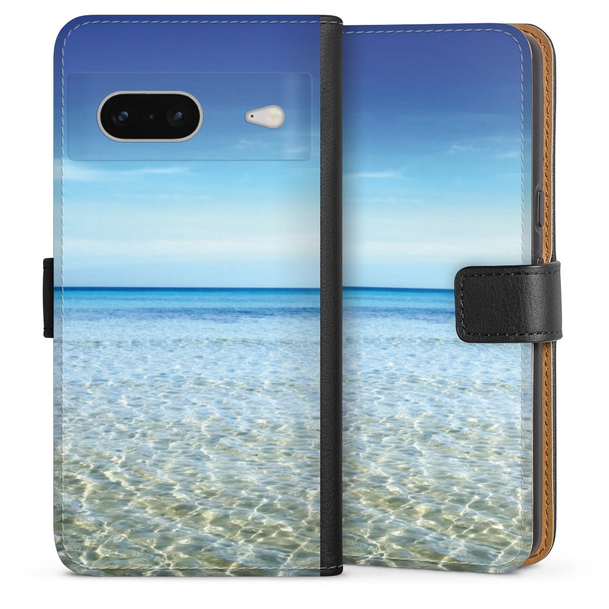 Google Pixel 7 Handy Klapphülle Handyhülle aus Kunst Leder schwarz Flip Case Urlaub Sky Ocean Sideflip mit Lasche