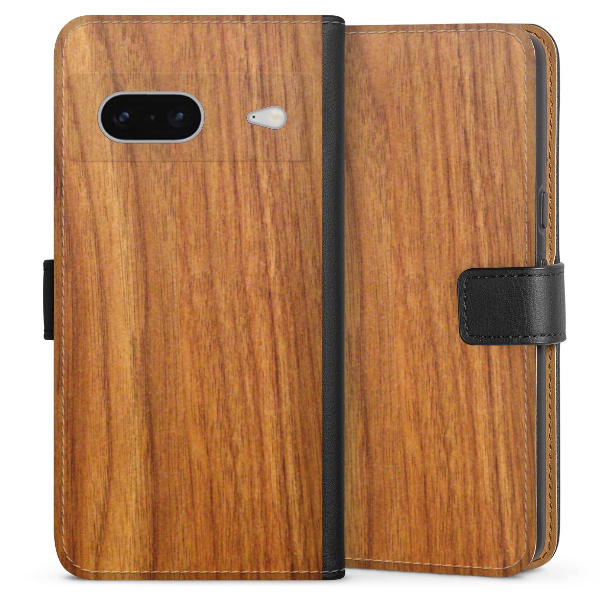 Google Pixel 7 Handy Klapphülle Handyhülle aus Kunst Leder schwarz Flip Case Wood Larch Wooden Look Sideflip mit Lasche