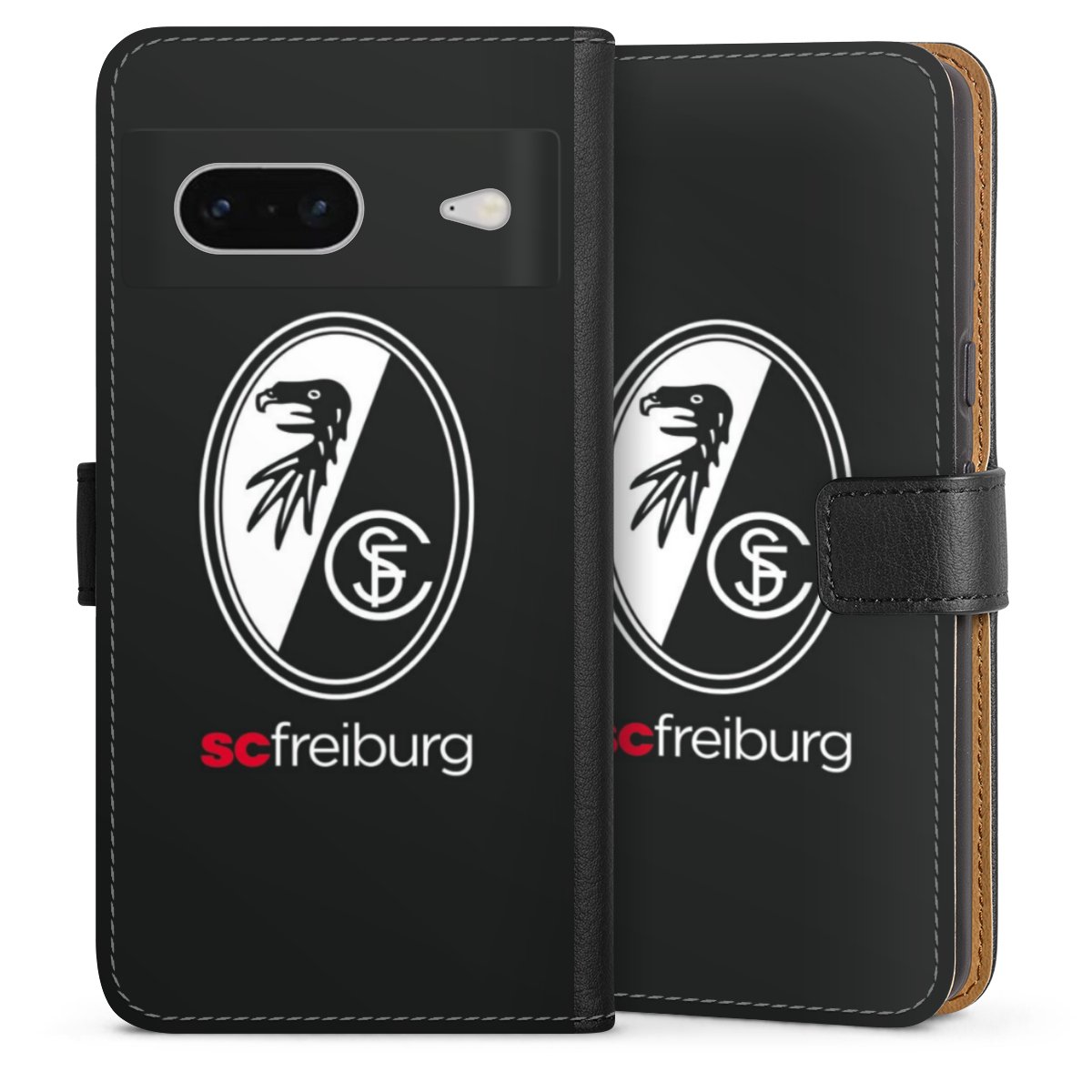 Google Pixel 7 Handy Klapphülle Handyhülle aus Kunst Leder schwarz Flip Case Official Licensed Product Sc Freiburg Coat Of Arms Sideflip mit Lasche