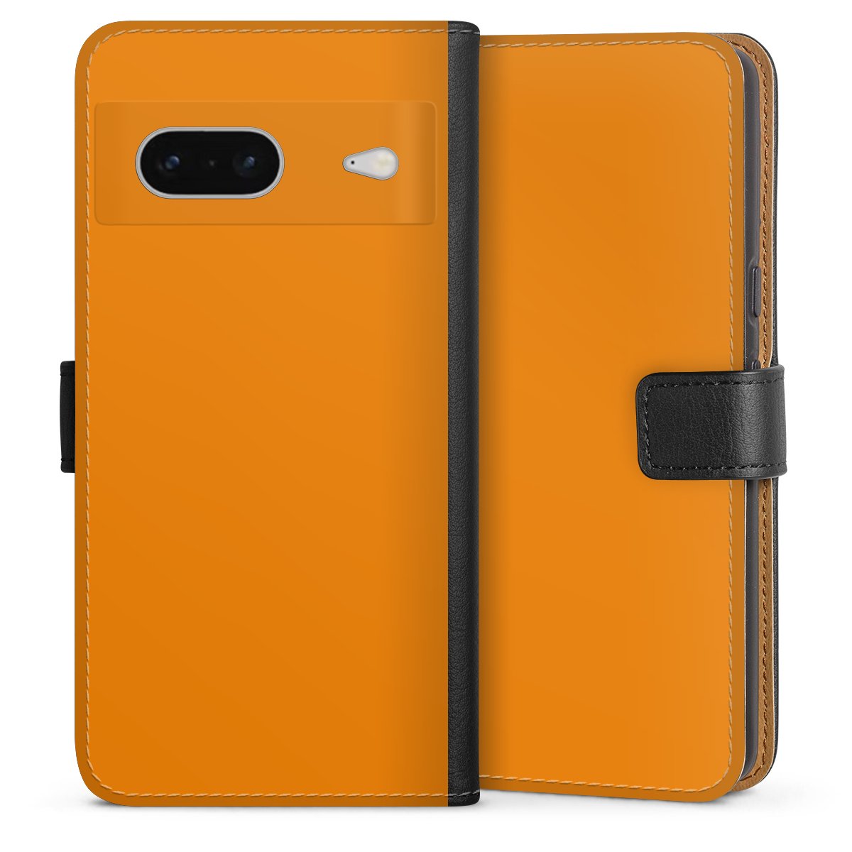 Google Pixel 7 Handy Klapphülle Handyhülle aus Kunst Leder schwarz Flip Case Unicoloured Colour Orange Sideflip mit Lasche