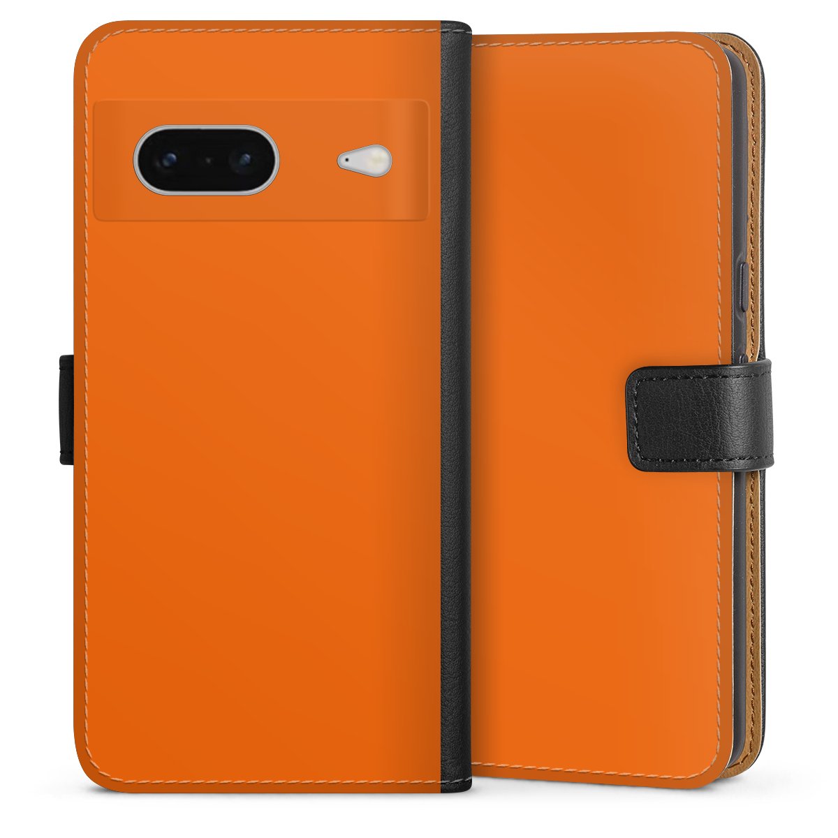 Google Pixel 7 Handy Klapphülle Handyhülle aus Kunst Leder schwarz Flip Case Orange Colour Unicoloured Sideflip mit Lasche