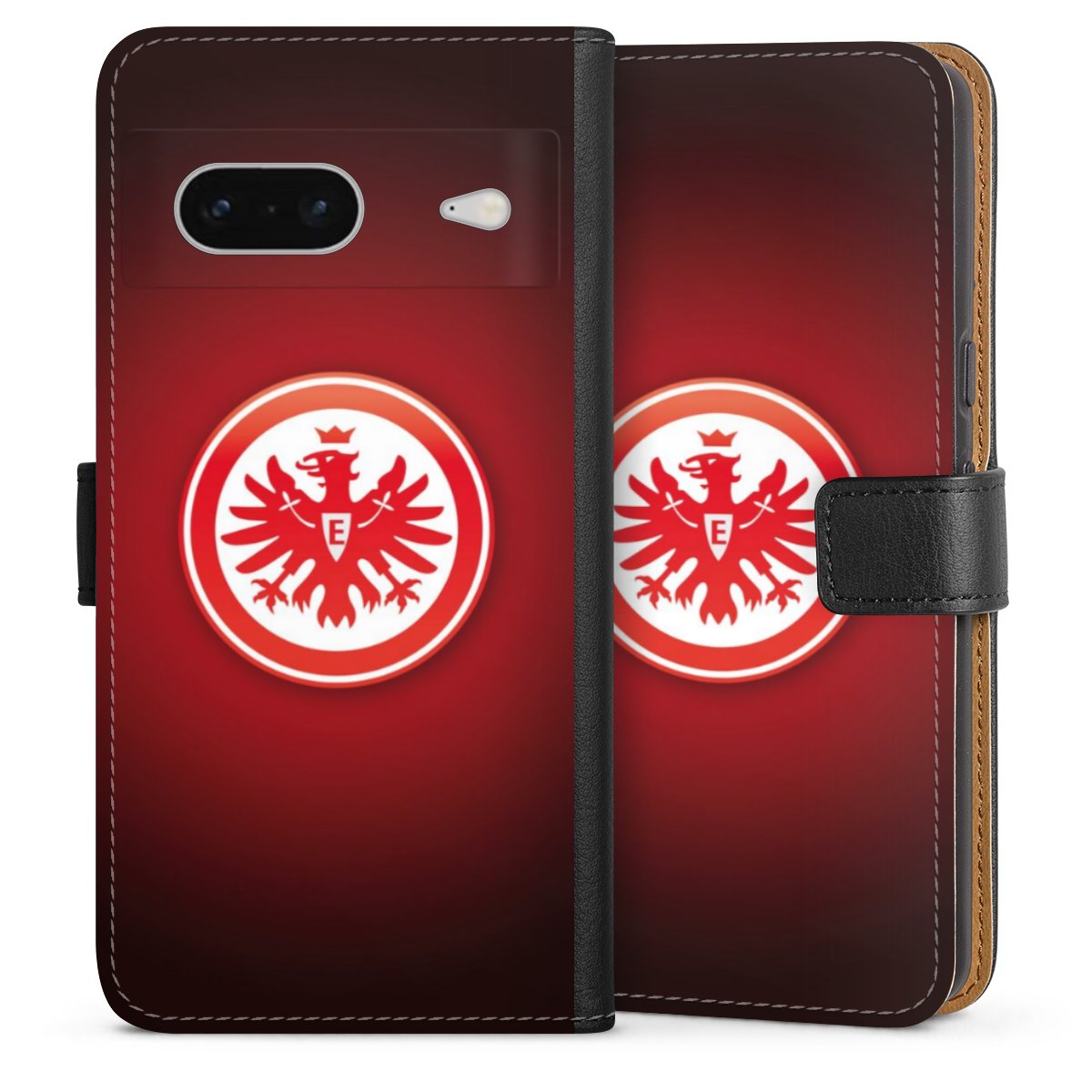 Google Pixel 7 Handy Klapphülle Handyhülle aus Kunst Leder schwarz Flip Case Eintracht Frankfurt Official Licensed Product Coat Of Arms Sideflip mit Lasche