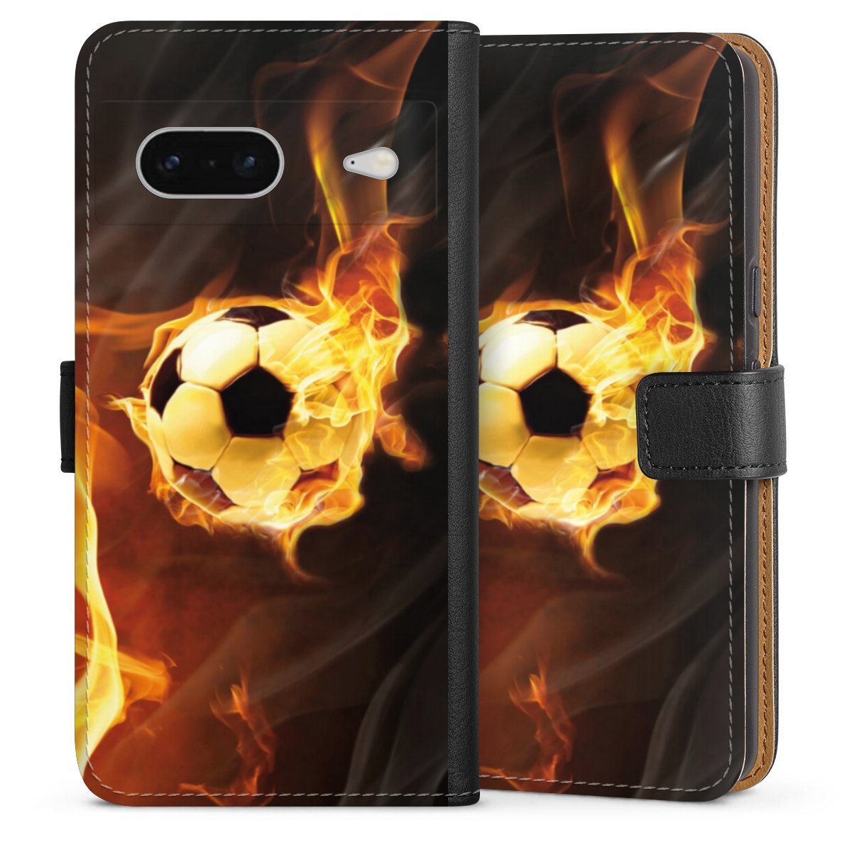 Google Pixel 7 Handy Klapphülle Handyhülle aus Kunst Leder schwarz Flip Case Ball Fire Soccer Sideflip mit Lasche