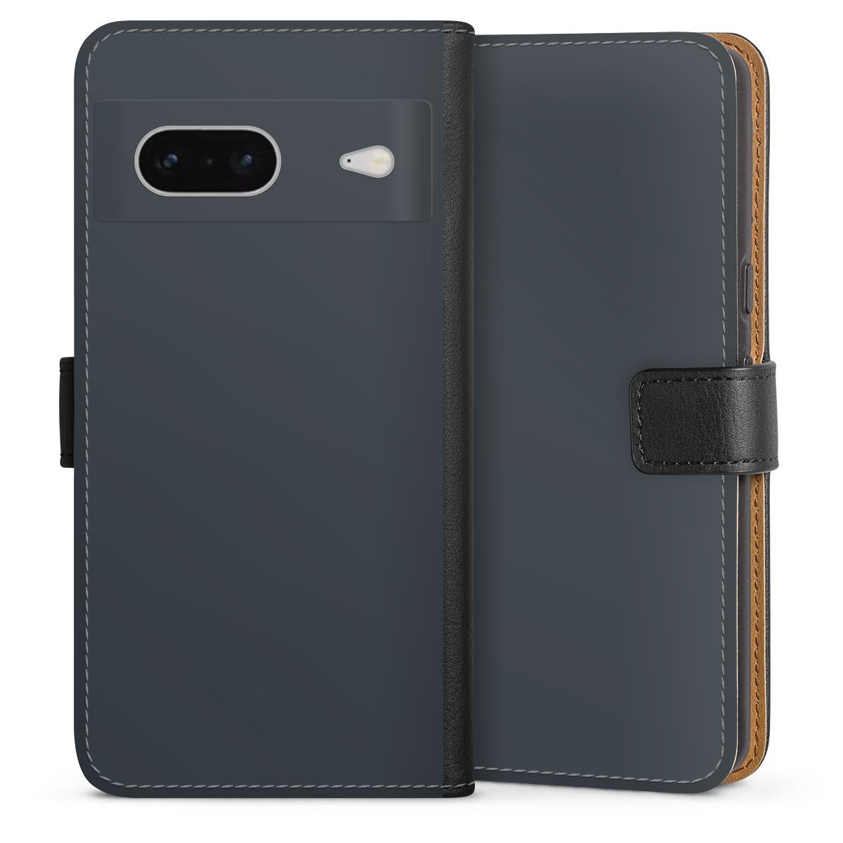 Google Pixel 7 Handy Klapphülle Handyhülle aus Kunst Leder schwarz Flip Case Grey Anthracite Unicoloured Sideflip mit Lasche