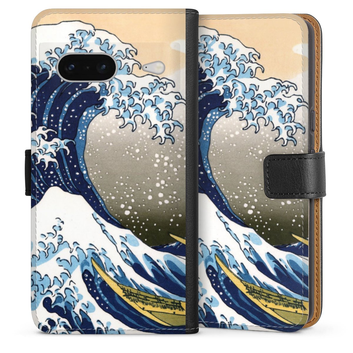 Google Pixel 7 Handy Klapphülle Handyhülle aus Kunst Leder schwarz Flip Case Kunst Katsushika Hokusai Die Große Welle Vor Kanagawa Sideflip mit Lasche