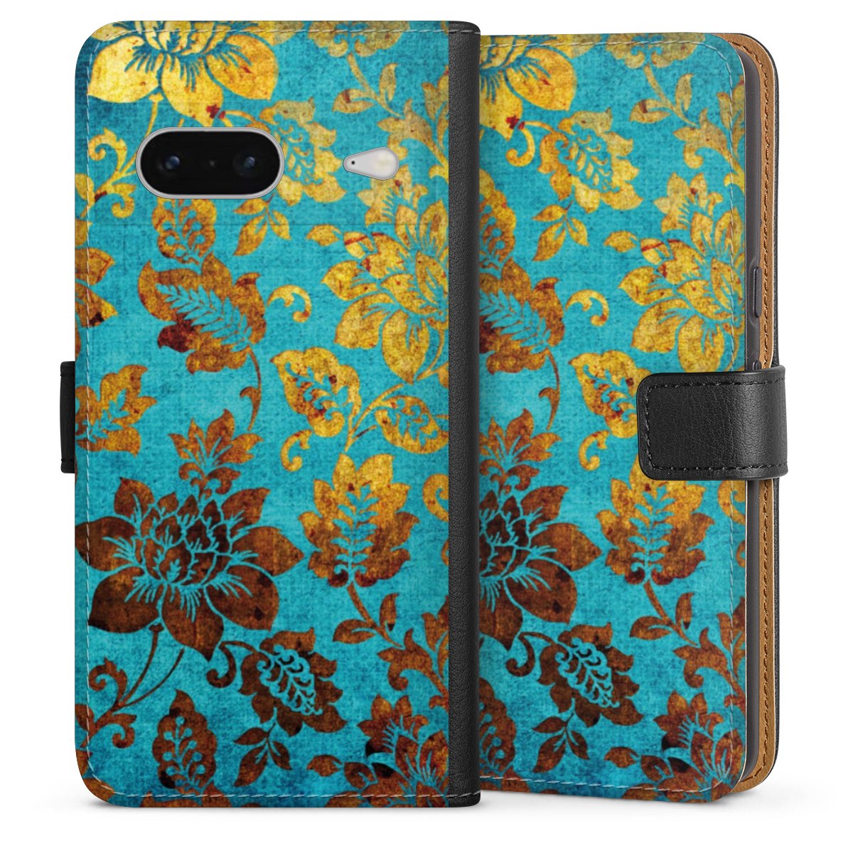 Google Pixel 7 Handy Klapphülle Handyhülle aus Kunst Leder schwarz Flip Case Ornament Vintage Flowers Sideflip mit Lasche