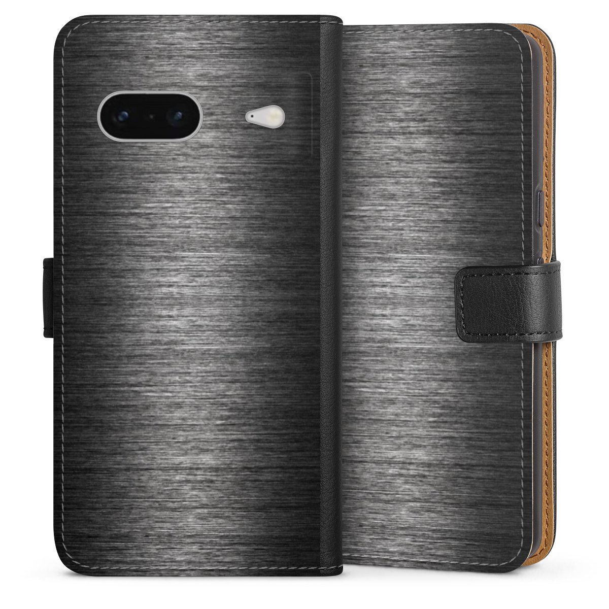 Google Pixel 7 Handy Klapphülle Handyhülle aus Kunst Leder schwarz Flip Case Metallic Look Anthracite Metal Sideflip mit Lasche