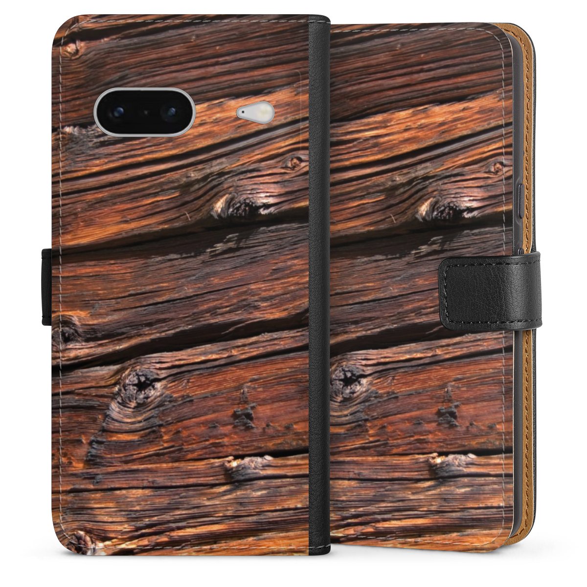 Google Pixel 7 Handy Klapphülle Handyhülle aus Kunst Leder schwarz Flip Case Beams Wooden Look Wood Sideflip mit Lasche