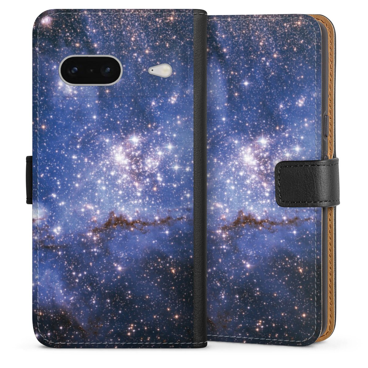 Google Pixel 7 Handy Klapphülle Handyhülle aus Kunst Leder schwarz Flip Case Weltall Galaxy Weltraum Sideflip mit Lasche