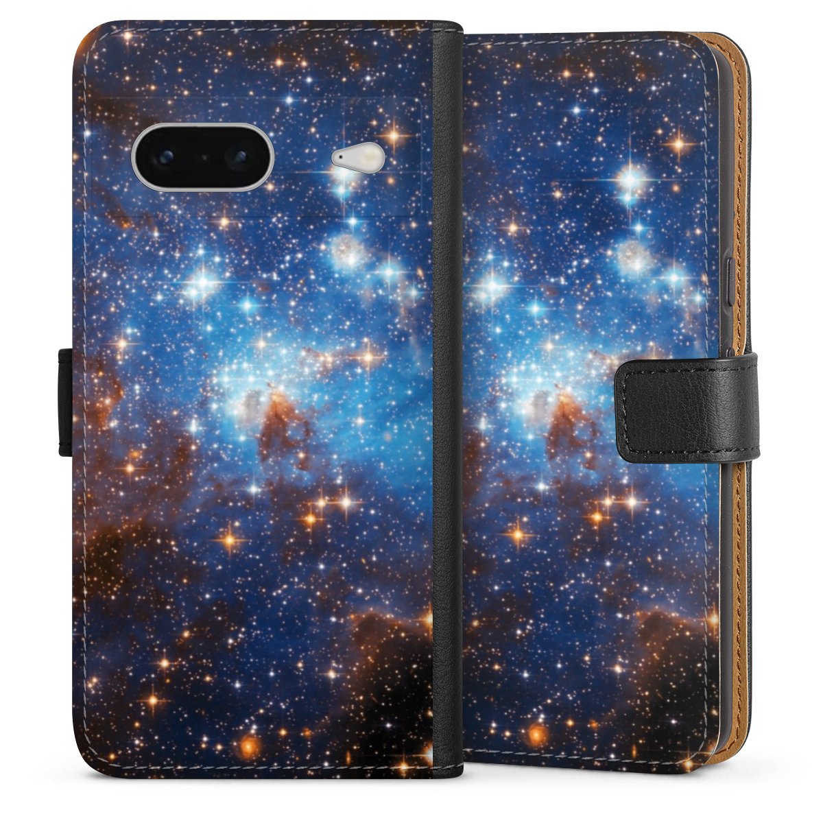 Google Pixel 7 Handy Klapphülle Handyhülle aus Kunst Leder schwarz Flip Case Star Weltall Galaxy Sideflip mit Lasche