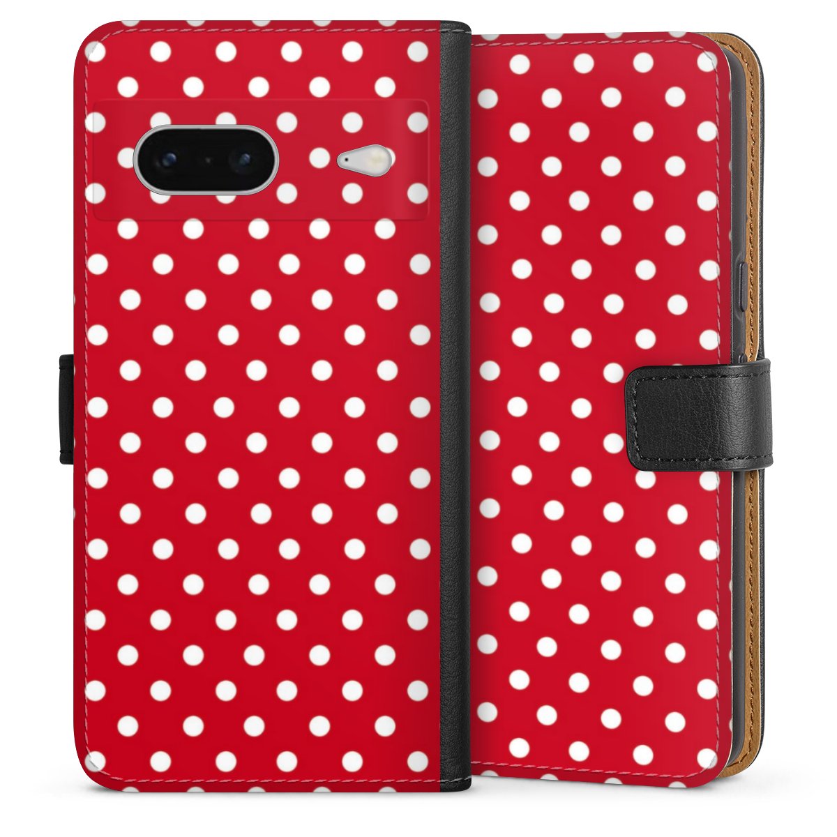 Google Pixel 7 Handy Klapphülle Handyhülle aus Kunst Leder schwarz Flip Case Points Polka Dots Retro Sideflip mit Lasche