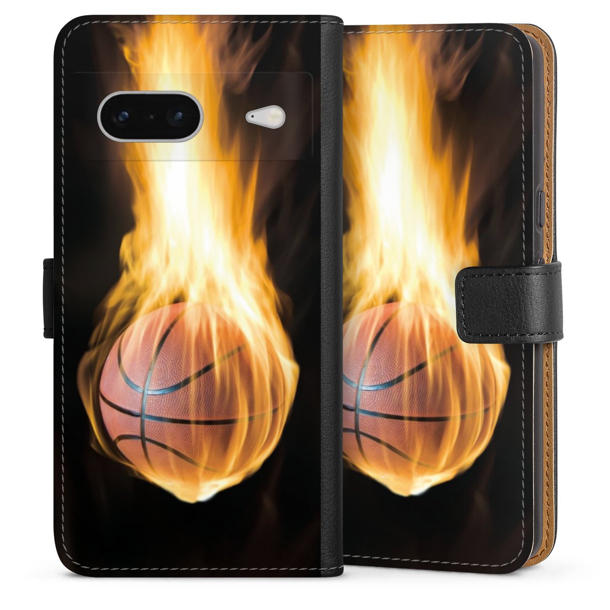 Google Pixel 7 Handy Klapphülle Handyhülle aus Kunst Leder schwarz Flip Case Basketball Sports Fire Sideflip mit Lasche