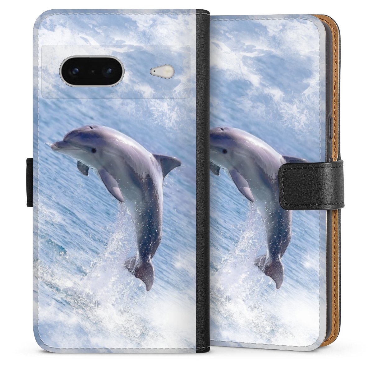 Google Pixel 7 Handy Klapphülle Handyhülle aus Kunst Leder schwarz Flip Case Dolphin Ocean Wale Sideflip mit Lasche