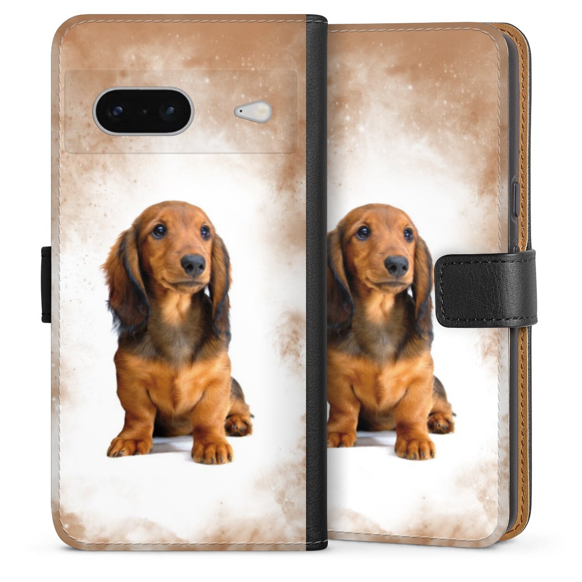 Google Pixel 7 Handy Klapphülle Handyhülle aus Kunst Leder schwarz Flip Case Dog Pet Dachshund Sideflip mit Lasche