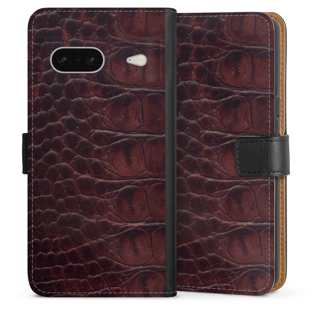 Google Pixel 7 Handy Klapphülle Handyhülle aus Kunst Leder schwarz Flip Case Crocodile Animal Print Leather Sideflip mit Lasche