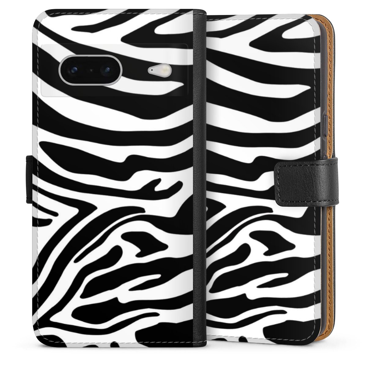 Google Pixel 7 Handy Klapphülle Handyhülle aus Kunst Leder schwarz Flip Case Zebra Animal Look Animal Print Sideflip mit Lasche