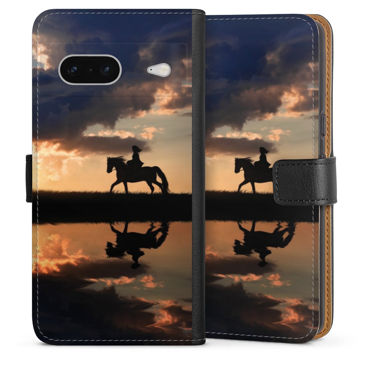 Google Pixel 7 Handy Klapphülle Handyhülle aus Kunst Leder schwarz Flip Case Horse Sunset Horseback Riding Sideflip mit Lasche