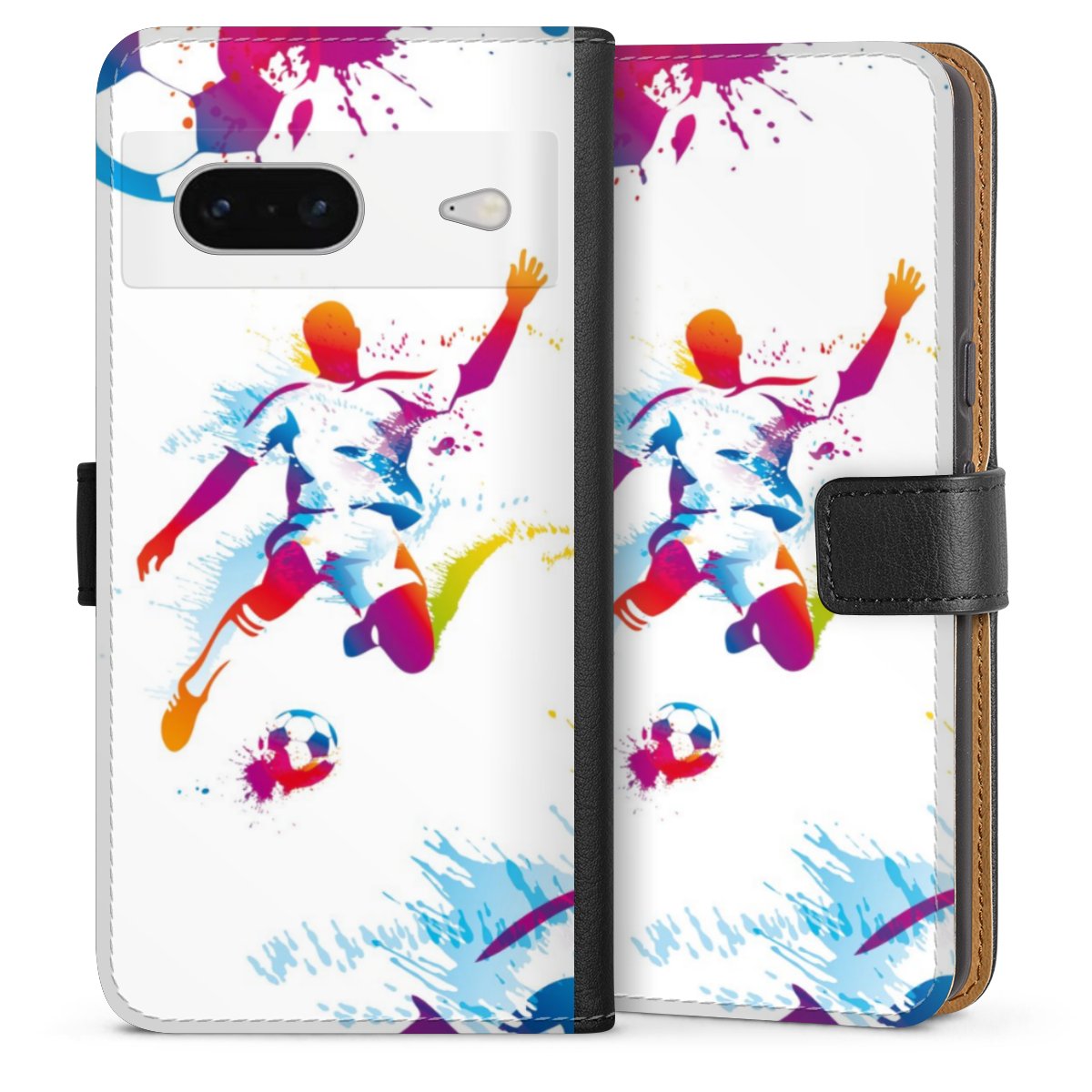 Google Pixel 7 Handy Klapphülle Handyhülle aus Kunst Leder schwarz Flip Case Sports Soccer Muster Sideflip mit Lasche