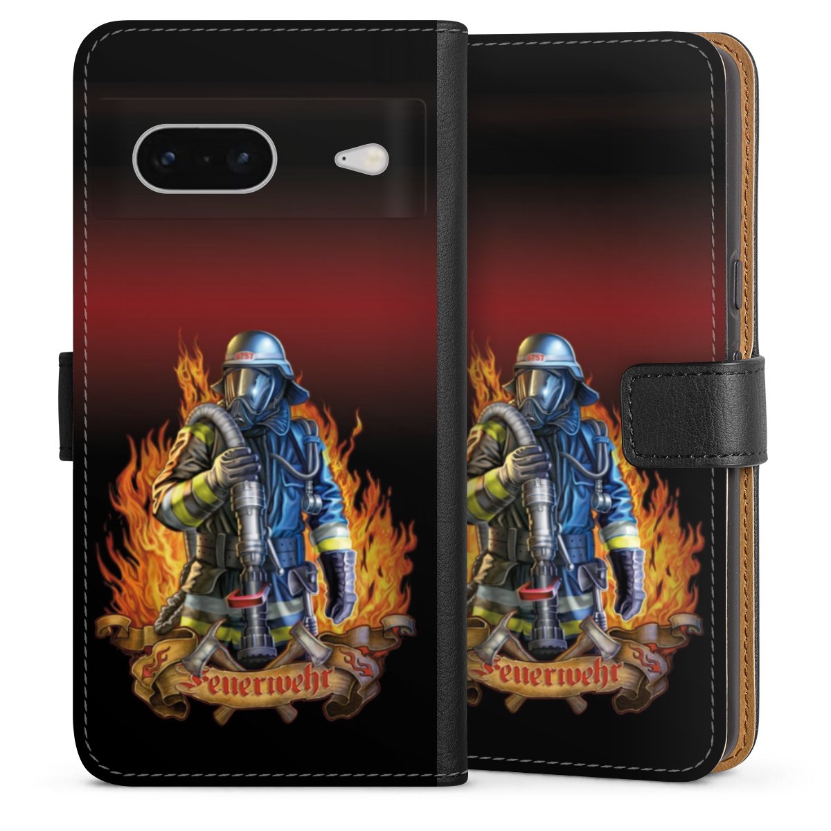 Google Pixel 7 Handy Klapphülle Handyhülle aus Kunst Leder schwarz Flip Case Job Fire Fighter Fire Fighters Sideflip mit Lasche