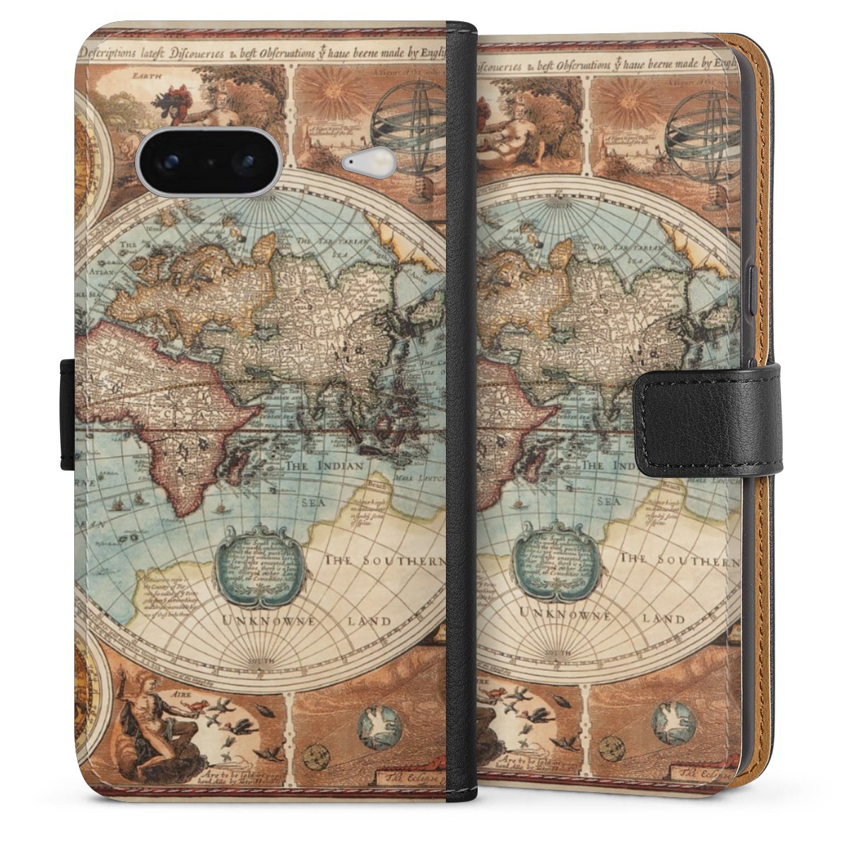 Google Pixel 7 Handy Klapphülle Handyhülle aus Kunst Leder schwarz Flip Case World Map Vintage Map Sideflip mit Lasche