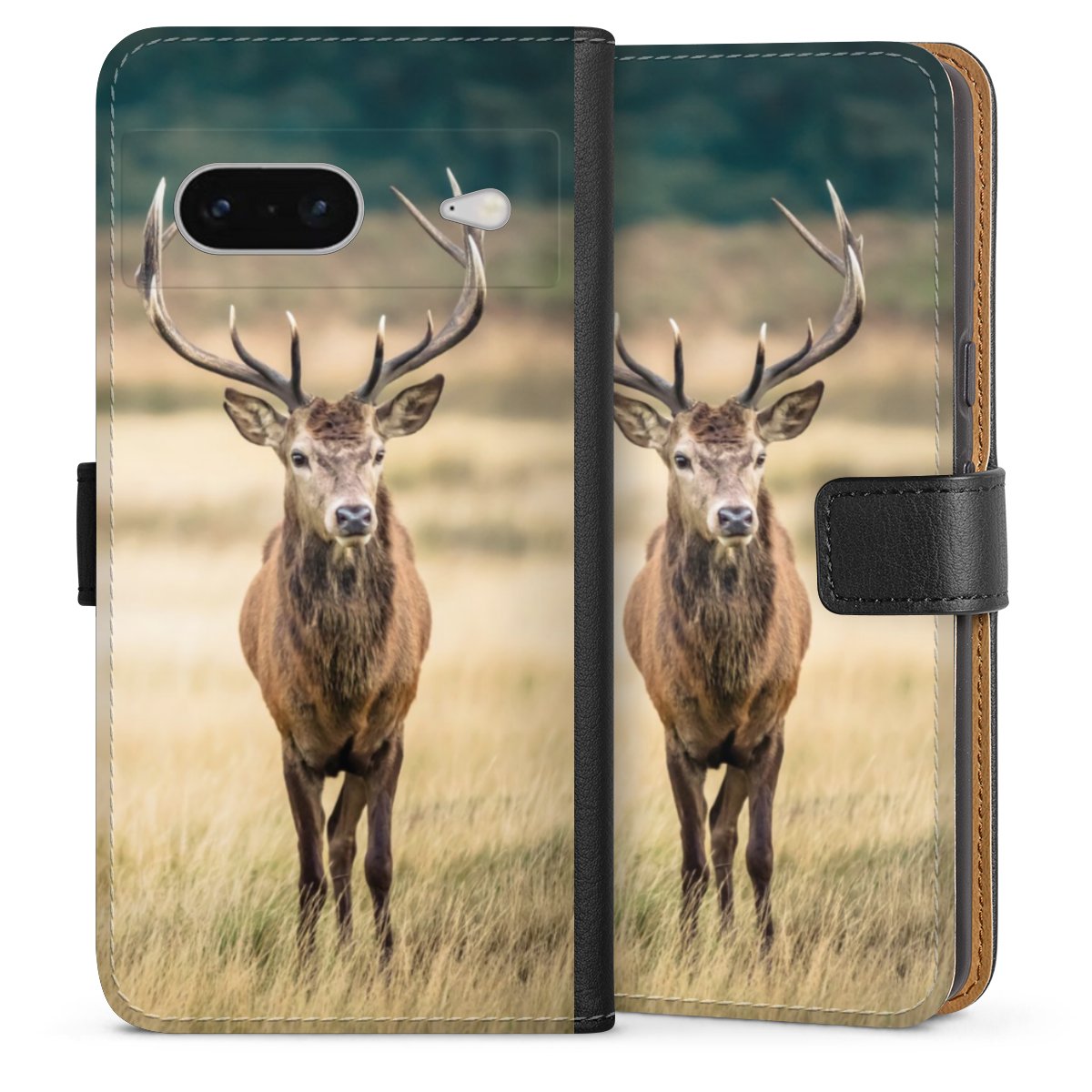 Google Pixel 7 Handy Klapphülle Handyhülle aus Kunst Leder schwarz Flip Case Deer Meadow Forrest Sideflip mit Lasche